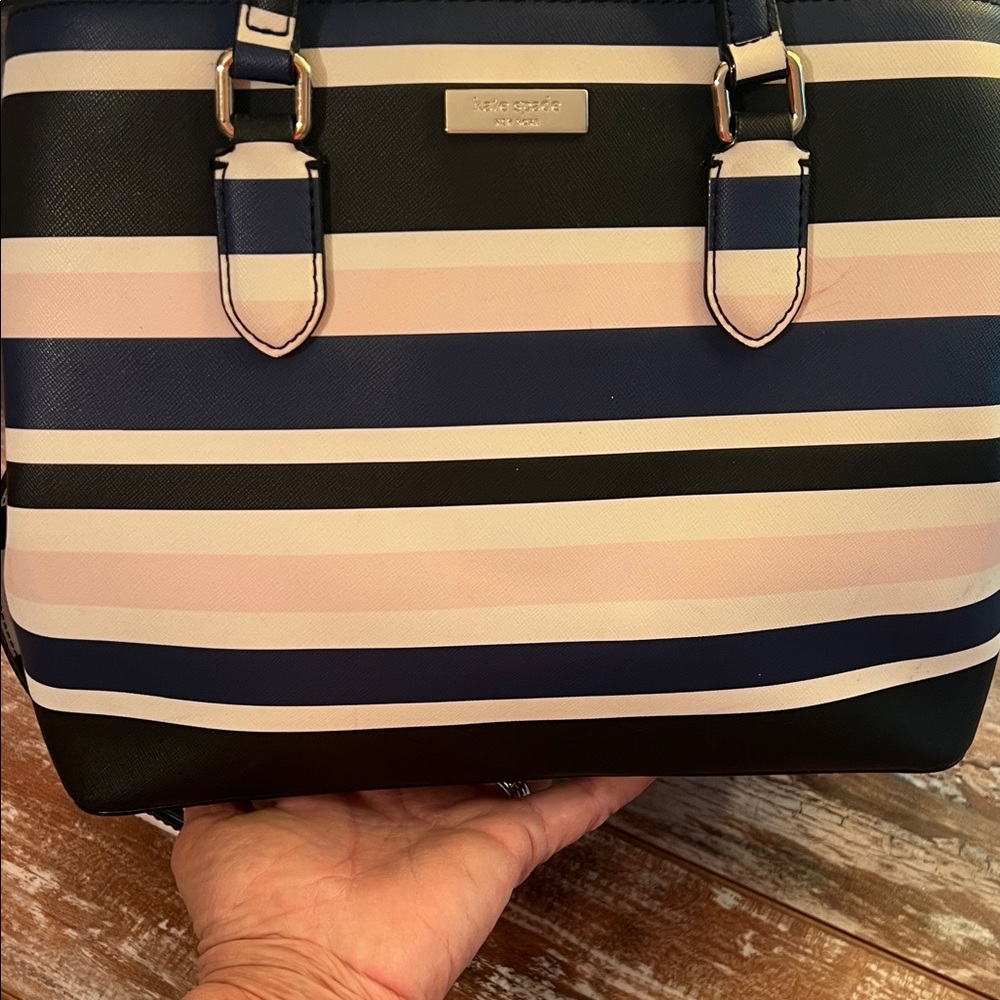 kate spade Navy, Black, White & Light Pink Striped Satchel - Picture 3 of 11